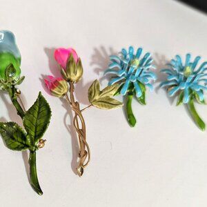 1960s Enameled Flowers Brooches Lot Impressive Royal Pink Rose*Summer Blue *Blue